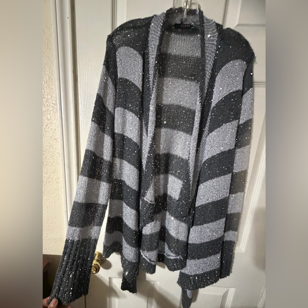 Cyrus Gray and Black Sparkle Striped Open-Front Cardigan